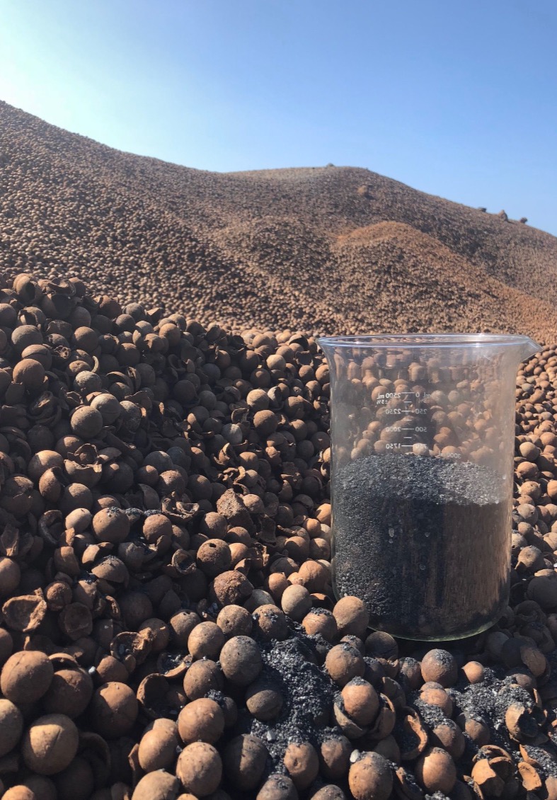 Mound of Hawaiian macadamia nut shells beside a beaker of finished high-carbon biochar