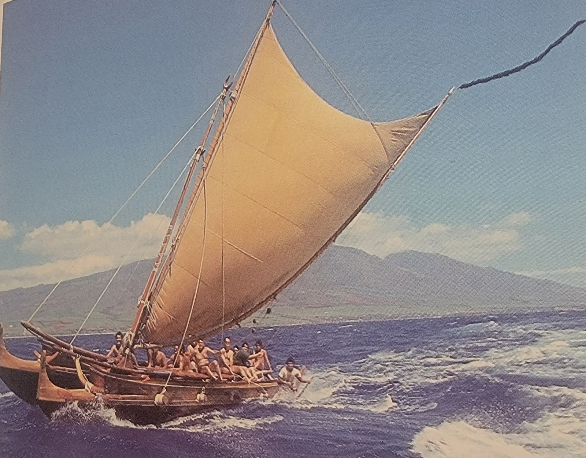 A traditional Hawaiian sailing canoe (waʻa) with crew, sail full of wind, crossing open ocean with island mountains rising in the distance